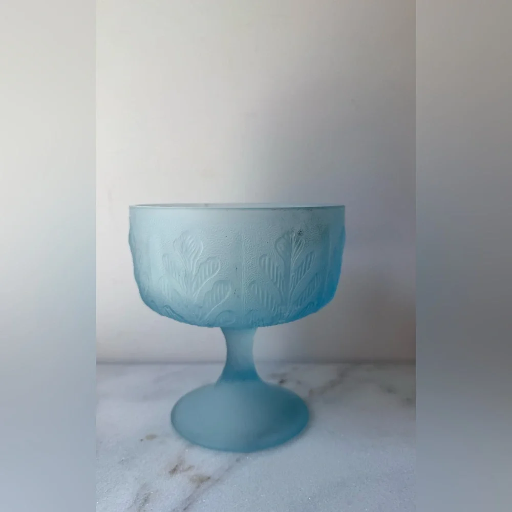 Blue Frosted Glass Compote with Leaf Relief